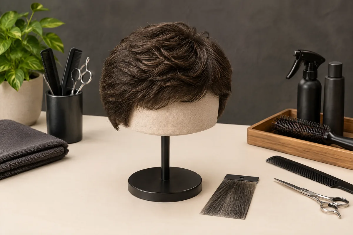 髮片白髮比例參考：男士髮片在展示架上的髮流與造型工具（教學情境示意）。