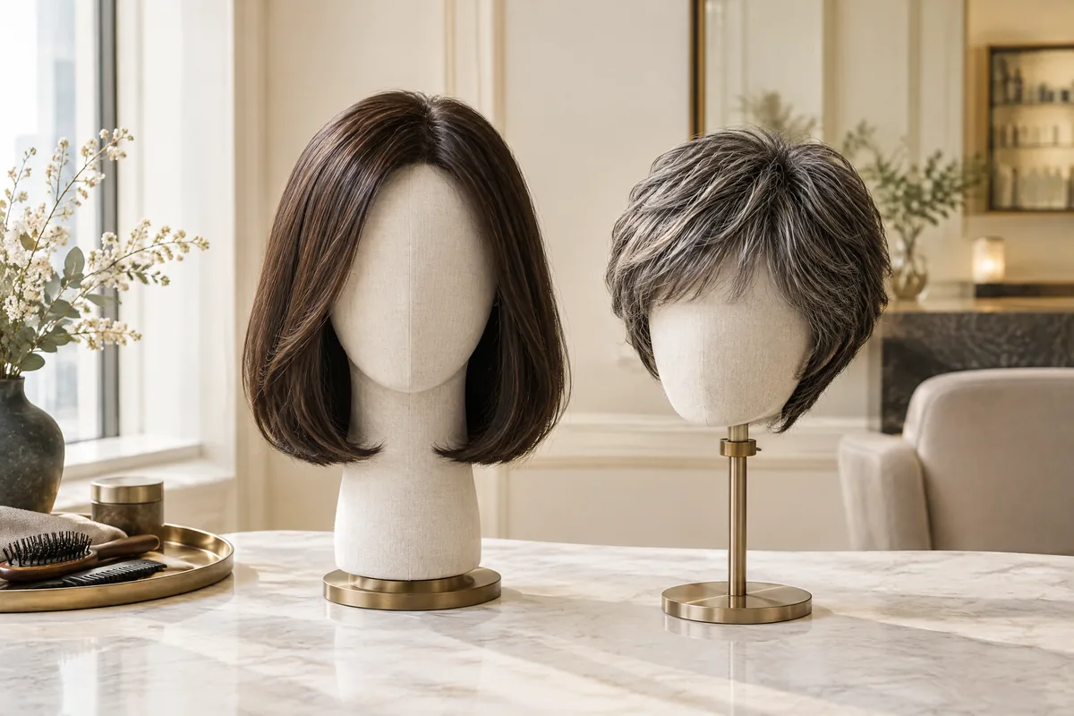 choosing your first wig: Long and short wigs on display stands for comparing silhouette (illustrative teaching scene).